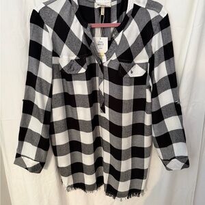 Plaid Black and White Band Neck Collar Shirt